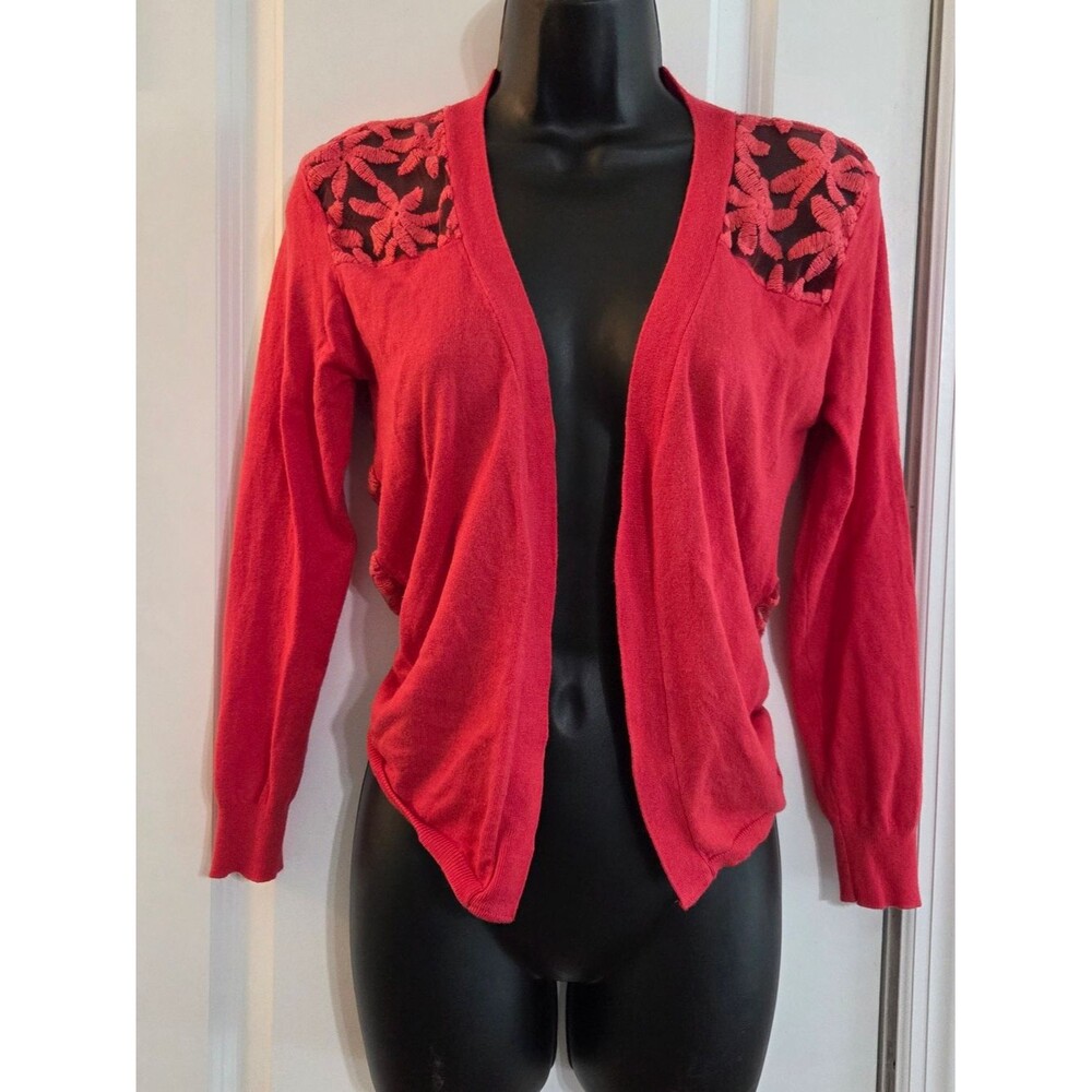 Papillon Coral Open-Front Cardigan with Floral Lace Back And Shoulders